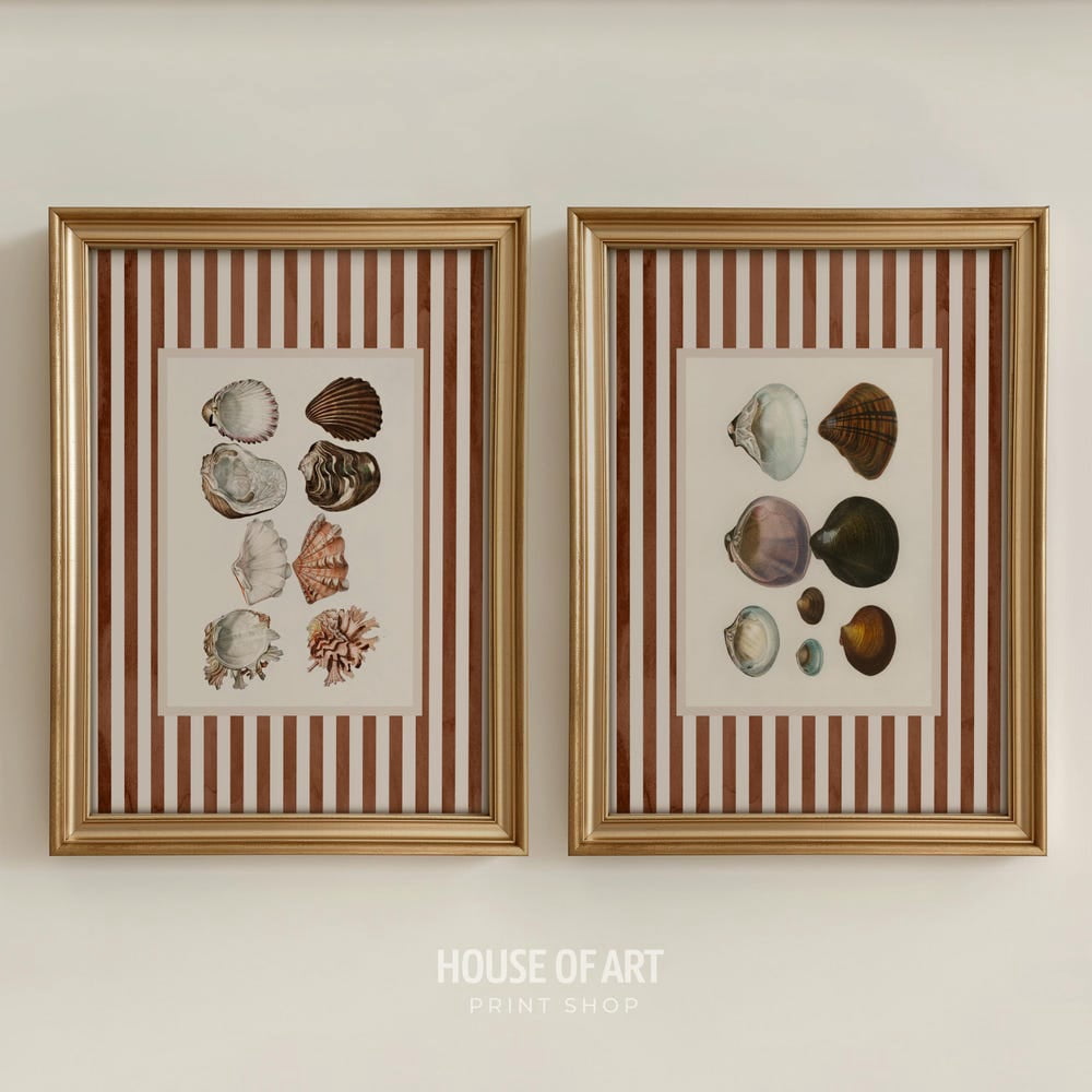 Old Money Oyster Nancy Meyers Striped Seashell Coastal Wall Art Set 2 ...