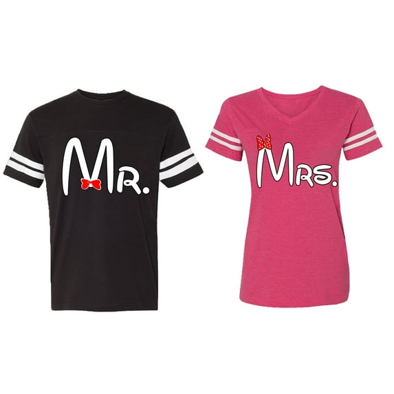 Old Mr Mrs Matching Couple Cotton Jerseys (Men Black / Women Pink) (Men XXXL / Women XXL)