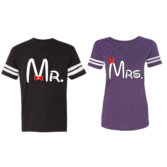 Old Mr Mrs Matching Couple Cotton Jerseys (Men Black / Women Purple) (Men XXL / Women M)