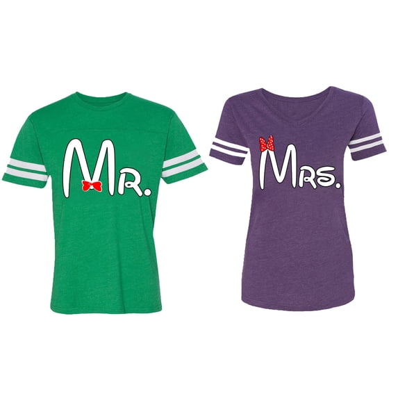 Old Mr Mrs Matching Couple Cotton Jerseys (Men Green / Women Purple) (Men L / Women M)
