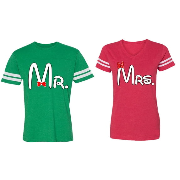 Old Mr Mrs Matching Couple Cotton Jerseys (Men Green / Women Red) (Men XL / Women M)