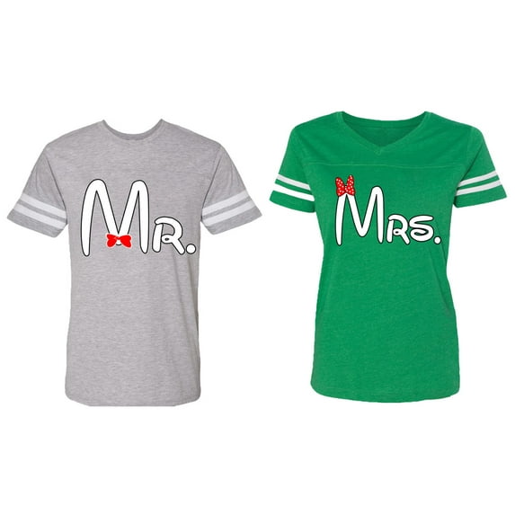 Old Mr Mrs Matching Couple Cotton Jerseys (Men Heather / Women Green) (Men XL / Women XL)