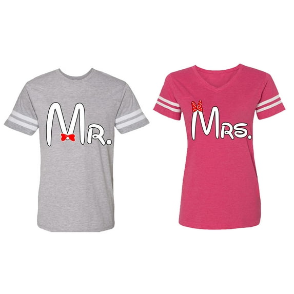Old Mr Mrs Matching Couple Cotton Jerseys (Men Heather / Women Pink) (Men S / Women L)