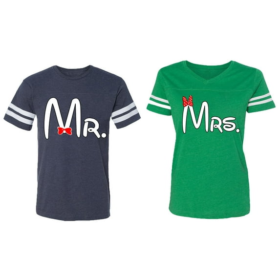 Old Mr Mrs Matching Couple Cotton Jerseys (Men Navy / Women Green) (Men L / Women S)