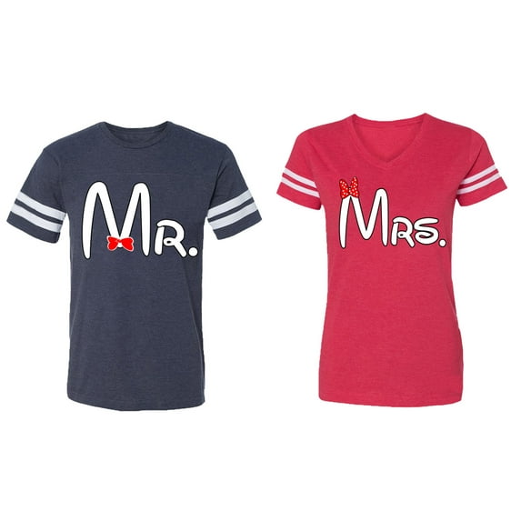 Old Mr Mrs Matching Couple Cotton Jerseys (Men Navy / Women Red) (Men S / Women S)