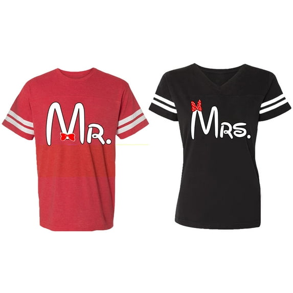 Old Mr Mrs Matching Couple Cotton Jerseys (Men Red / Women Black) (Men XL / Women S)