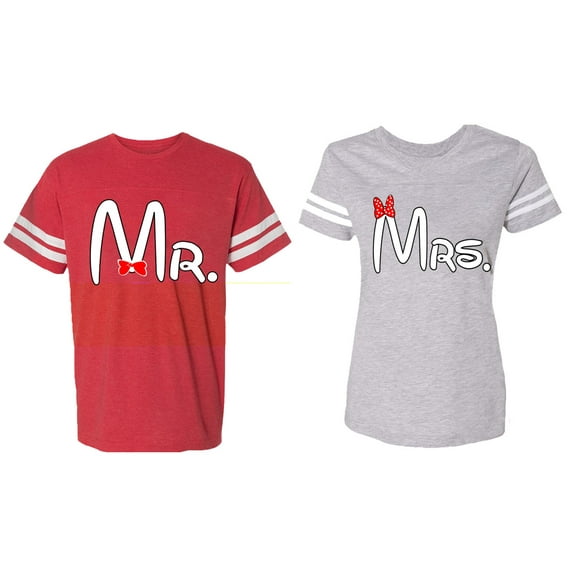 Old Mr Mrs Matching Couple Cotton Jerseys (Men Red / Women Heather) (Men XL / Women M)