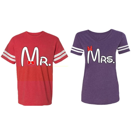 Old Mr Mrs Matching Couple Cotton Jerseys (Men Red / Women Purple) (Men XL / Women XL)