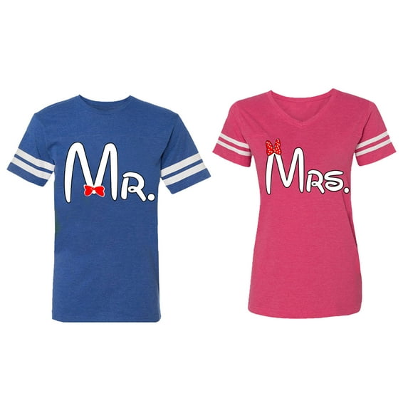 Old Mr Mrs Matching Couple Cotton Jerseys (Men Royal / Women Pink) (Men S / Women M)