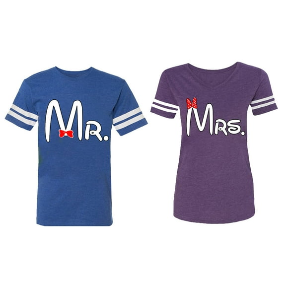 Old Mr Mrs Matching Couple Cotton Jerseys (Men Royal / Women Purple) (Men M / Women XXL)