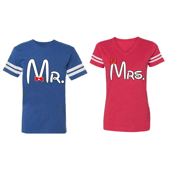 Old Mr Mrs Matching Couple Cotton Jerseys (Men Royal / Women Red) (Men S / Women XL)
