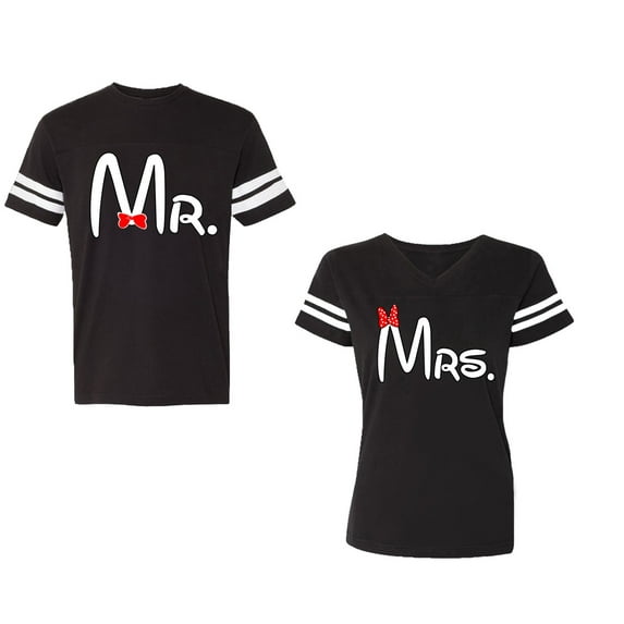 Old Mr Mrs Unisex Couple Matching Cotton Jersey style T-Shirt Contrasting stripes on sleeves (Men Black / Women Black) (Men S / Women S)
