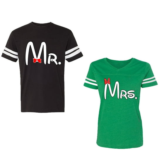Old Mr Mrs Unisex Couple Matching Cotton Jersey style T-Shirt Contrasting stripes on sleeves (Men Black / Women Green) (Men M / Women M)