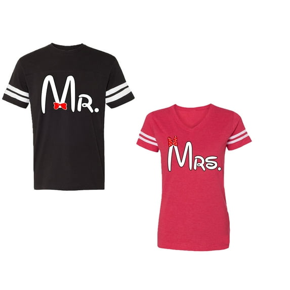 Old Mr Mrs Unisex Couple Matching Cotton Jersey style T-Shirt Contrasting stripes on sleeves (Men Black / Women Red) (Men XXL / Women XXL)