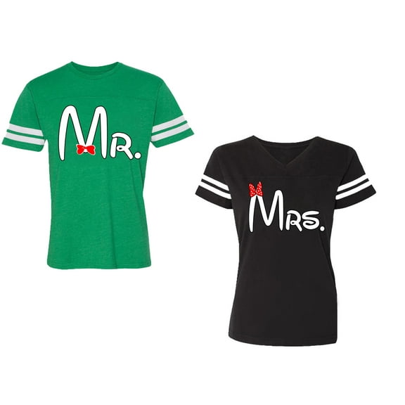 Old Mr Mrs Unisex Couple Matching Cotton Jersey style T-Shirt Contrasting stripes on sleeves (Men Green / Women Black) (Men S / Women S)