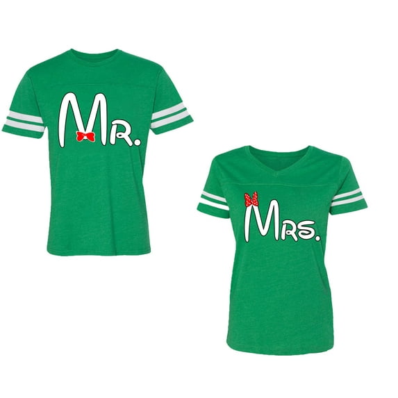 Old Mr Mrs Unisex Couple Matching Cotton Jersey style T-Shirt Contrasting stripes on sleeves (Men Green / Women Green) (Men L / Women M)