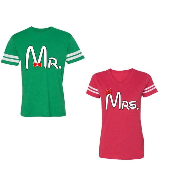 Old Mr Mrs Unisex Couple Matching Cotton Jersey style T-Shirt Contrasting stripes on sleeves (Men Green / Women Red) (Men L / Women XXL)