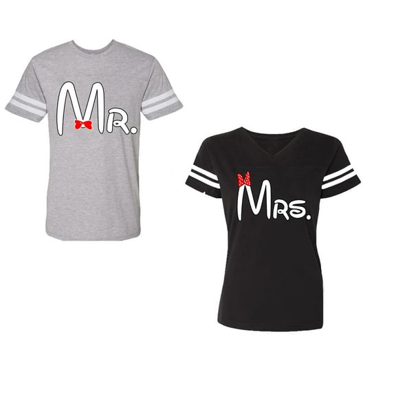Old Mr Mrs Unisex Couple Matching Cotton Jersey style T-Shirt Contrasting stripes on sleeves (Men Heather / Women Black) (Men S / Women S)