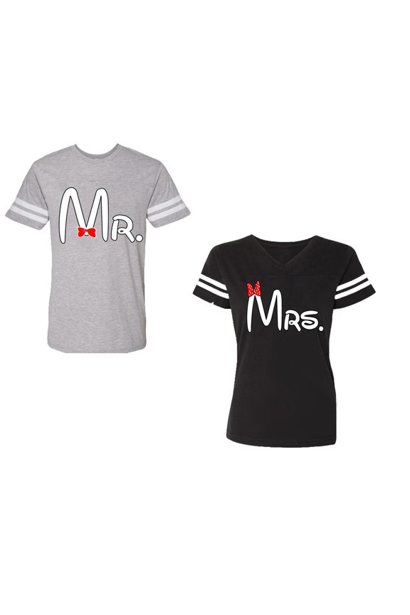 Old Mr Mrs Unisex Couple Matching Cotton Jersey style T-Shirt Contrasting stripes on sleeves (Men Heather / Women Black) (Men S / Women S)