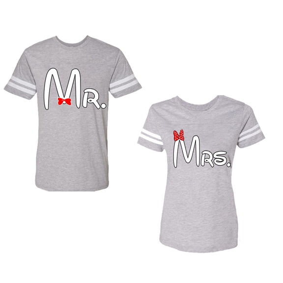 Old Mr Mrs Unisex Couple Matching Cotton Jersey style T-Shirt Contrasting stripes on sleeves (Men Heather / Women Heather) (Men L / Women XL)