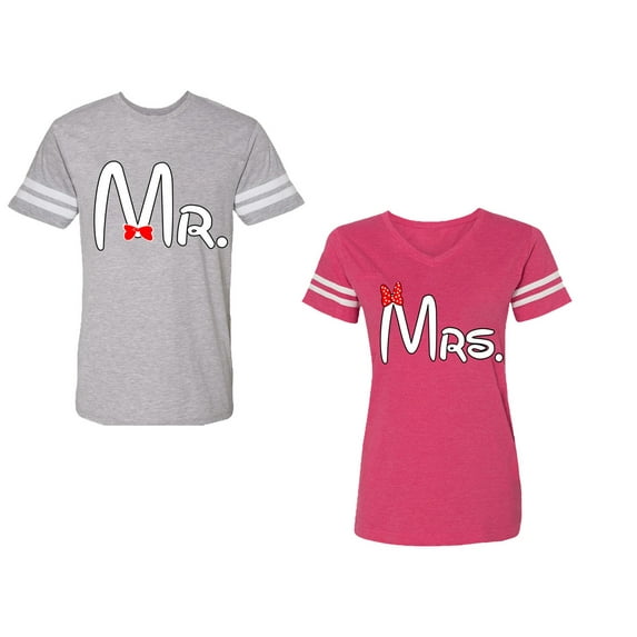 Old Mr Mrs Unisex Couple Matching Cotton Jersey style T-Shirt Contrasting stripes on sleeves (Men Heather / Women Pink) (Men XL / Women XXL)