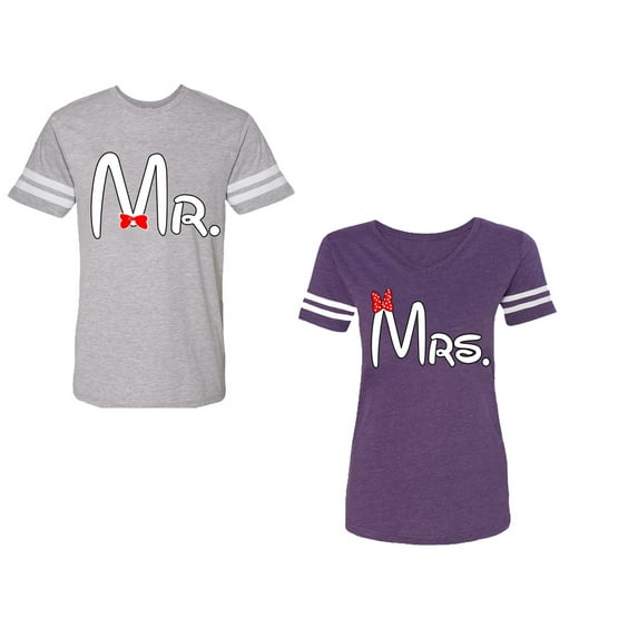 Old Mr Mrs Unisex Couple Matching Cotton Jersey style T-Shirt Contrasting stripes on sleeves (Men Heather / Women Purple) (Men S / Women S)