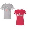 thumbnail image 1 of Old Mr Mrs Unisex Couple Matching Cotton Jersey style T-Shirt Contrasting stripes on sleeves (Men Heather / Women Red) (Men M / Women M), 1 of 3