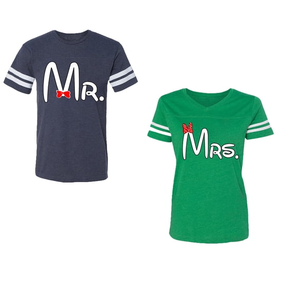 Old Mr Mrs Unisex Couple Matching Cotton Jersey style T-Shirt Contrasting stripes on sleeves (Men Navy / Women Green) (Men S / Women XXL)