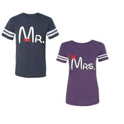 Old Mr Mrs Unisex Couple Matching Cotton Jersey style T-Shirt Contrasting stripes on sleeves Men Navy / Women Purple Men XL / Women XL