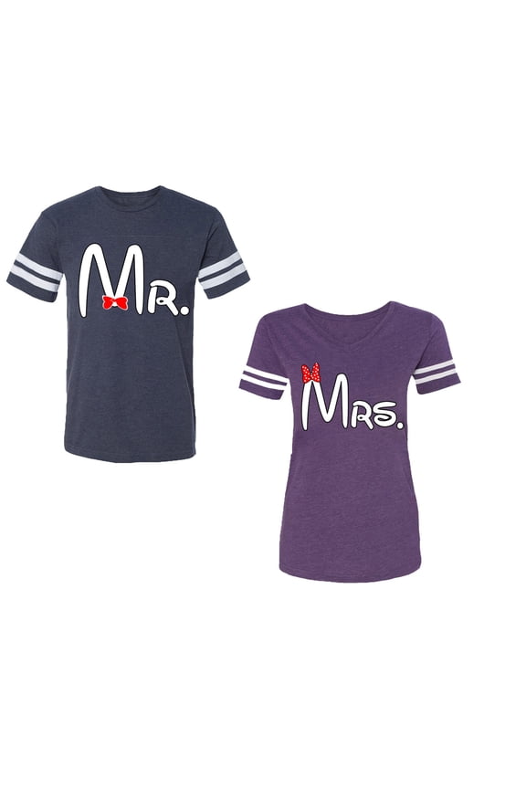 Old Mr Mrs Unisex Couple Matching Cotton Jersey style T-Shirt Contrasting stripes on sleeves (Men Navy / Women Purple) (Men XL / Women XL)