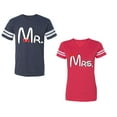 thumbnail image 1 of Old Mr Mrs Unisex Couple Matching Cotton Jersey style T-Shirt Contrasting stripes on sleeves (Men Navy / Women Red) (Men L / Women L), 1 of 3