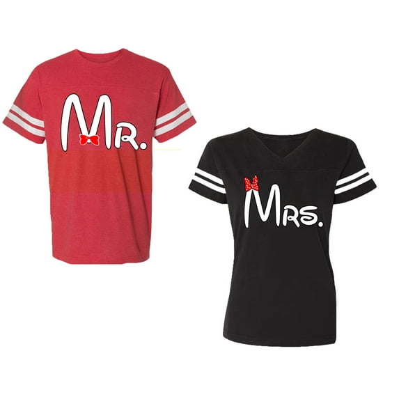 Old Mr Mrs Unisex Couple Matching Cotton Jersey style T-Shirt Contrasting stripes on sleeves (Men Red / Women Black) (Men S / Women S)