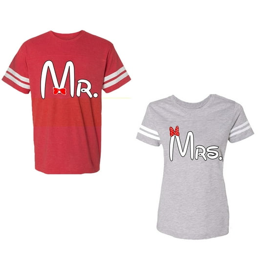 Old Mr Mrs Unisex Couple Matching Cotton Jersey style T-Shirt Contrasting stripes on sleeves (Men Red / Women Heather) (Men XL / Women XL)
