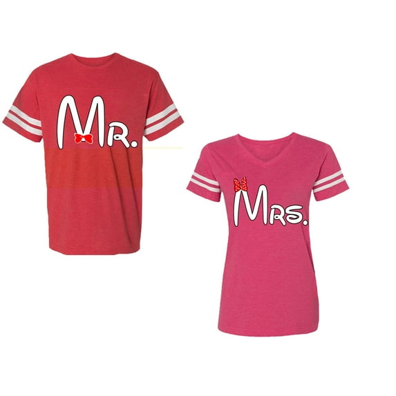 Old Mr Mrs Unisex Couple Matching Cotton Jersey style T-Shirt Contrasting stripes on sleeves (Men Red / Women Pink) (Men S / Women XL)