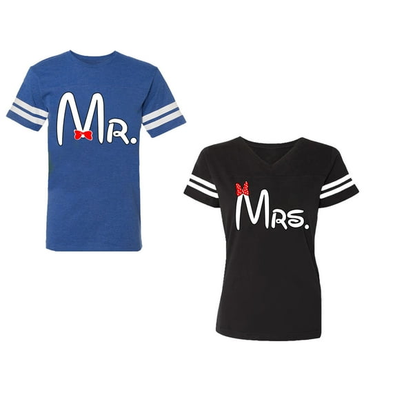 Old Mr Mrs Unisex Couple Matching Cotton Jersey style T-Shirt Contrasting stripes on sleeves (Men Royal / Women Black) (Men M / Women XXL)