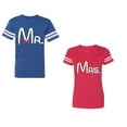 thumbnail image 1 of Old Mr Mrs Unisex Couple Matching Cotton Jersey style T-Shirt Contrasting stripes on sleeves (Men Royal / Women Red) (Men L / Women S), 1 of 3