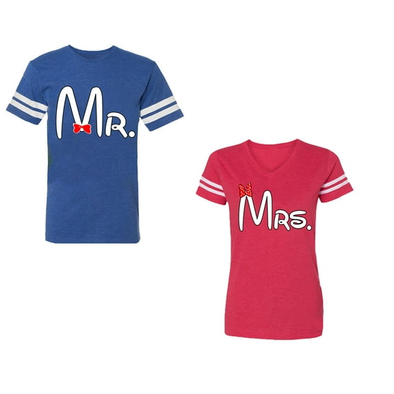 Old Mr Mrs Unisex Couple Matching Cotton Jersey style T-Shirt Contrasting stripes on sleeves (Men Royal / Women Red) (Men XXL / Women L)