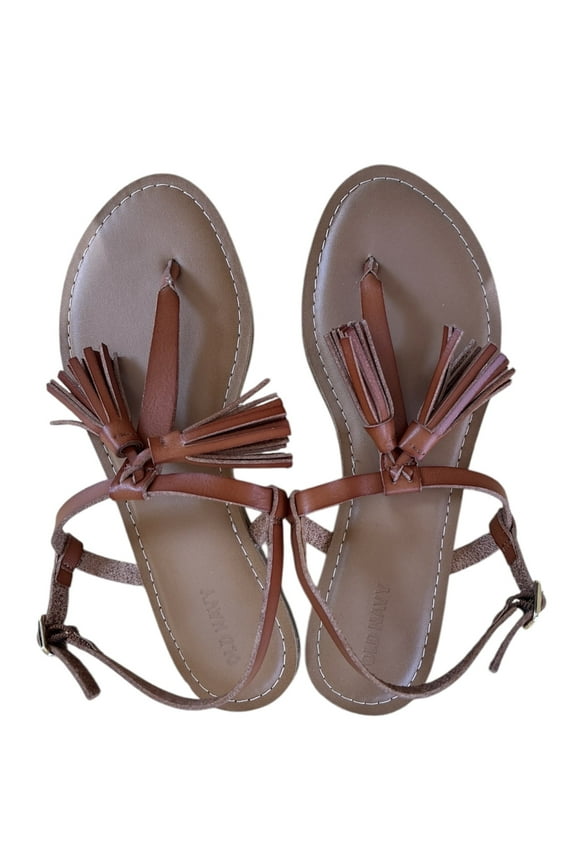 Sandals, Faux Leather, Tasseled Brown, Size 8