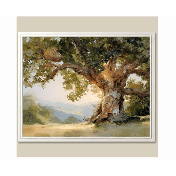 Old Oak Tree Poster Sunlit Meadow Landscape Wall Art Rustic Nature Decor