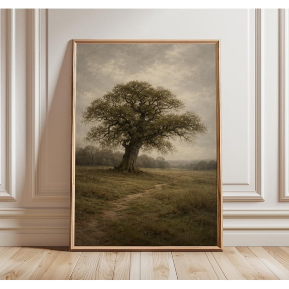 Old Oak Tree Wall Art English Countryside Landscape Rustic Nature Neutral Farmhouse Decor, Unframed Paper Print