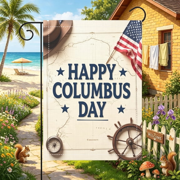 Old Paper Wheel US Flag Sailboat Columbus Wording Garden Flag, 12x18 inch, Double Sided 2D Printed, Lawn Patio & Mailbox Outdoor Decor, No Flagpole