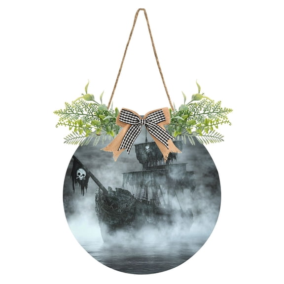 Old Pirate Ship Front Door Porch Decoration Hanging Sign with Artificial Green Plants and Bow for Home Outdoor Indoor