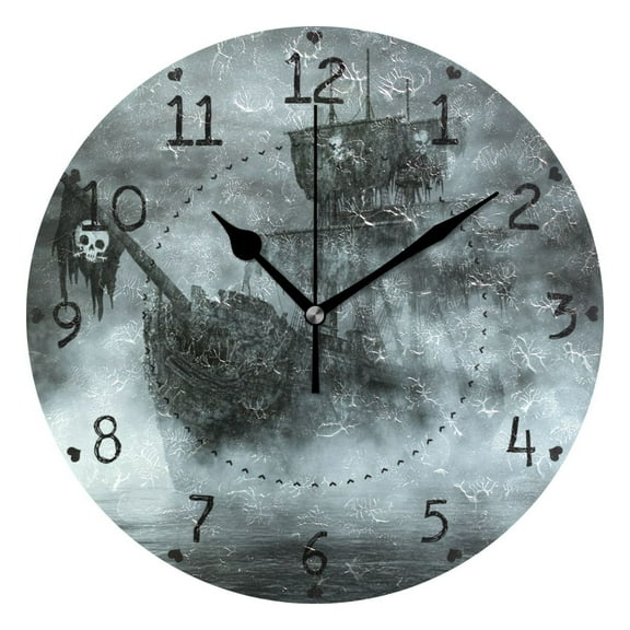 Old Pirate Ship Round Wall Clock Silent Battery Operated Home Decor for Living Room Bedroom