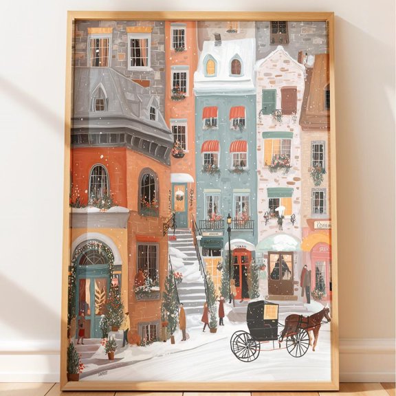 Old Quebec Winter Festive Town Art Unframed Paper Print