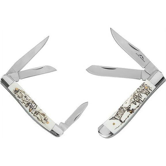 Old Ram - 2PC Traditional Classic Style Folding Trapper Knife Holiday Gift Set (Deer Bone)