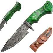 Old Ram Damascus Buck Knife with Sheath - 6" Drop Point Hunting Knife with Leather Sheath (Green Wood)