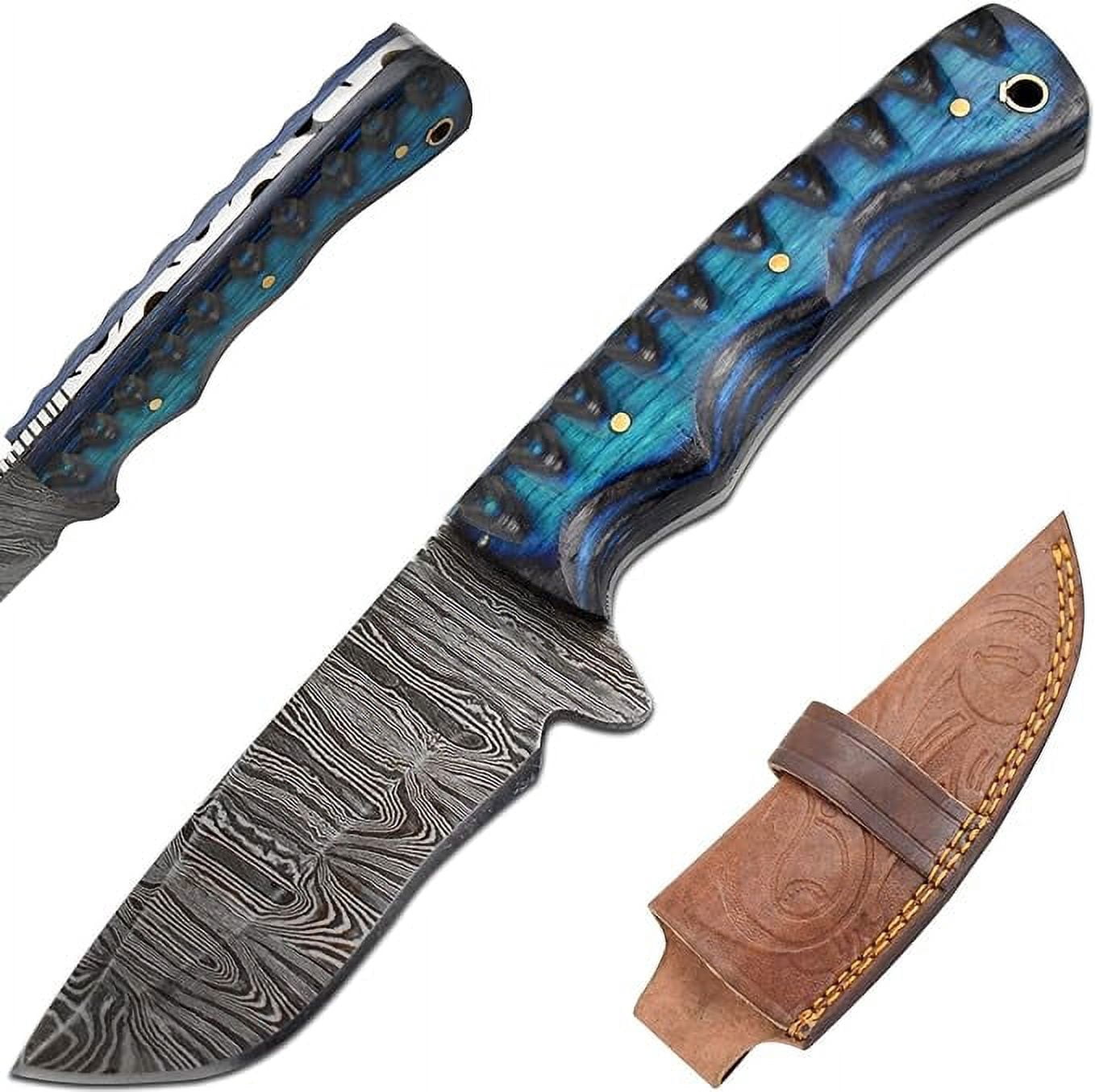 Old Ram Damascus Skinner Knife with Leather Sheath - 9" Twisted Blue Wood Hunting Knife