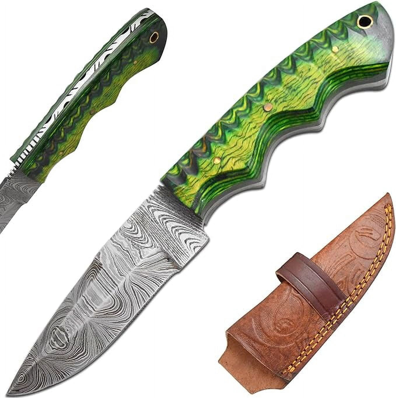 Old Ram Damascus Skinner Knife with Leather Sheath - 9" Twisted Green Wood Hunting Knife