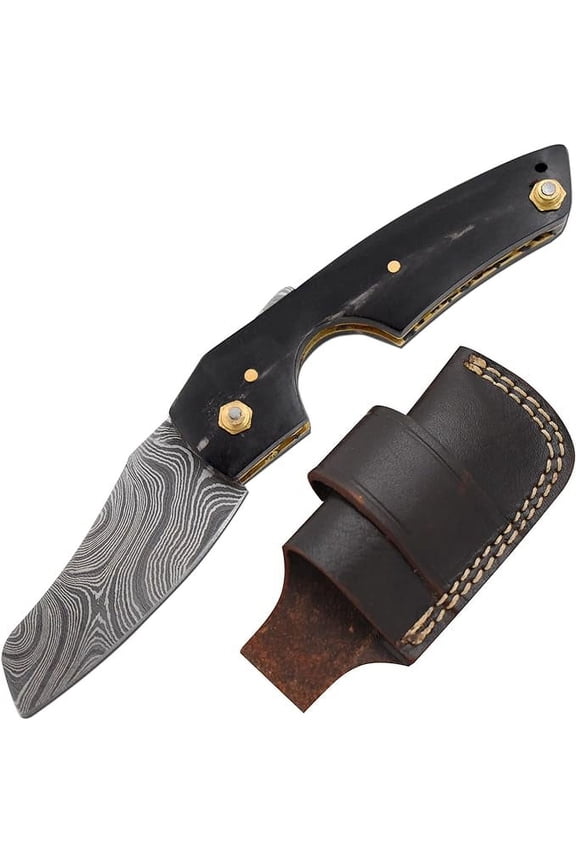 - Damascus Steel 6.5" Cigar Cutter Knife - Buffalo Horn Handle with Leather Sheath