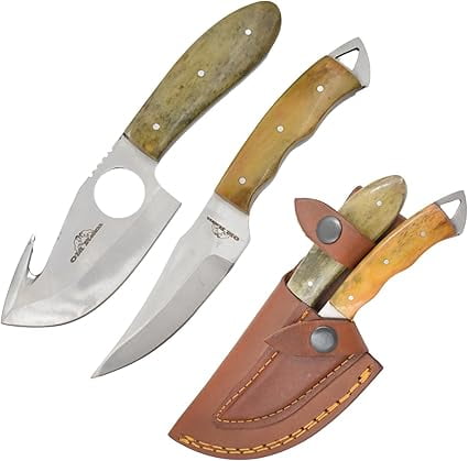 Old Ram Handmade 2-Piece Camping Hunting Skinner Knife Set, Pink Bone Handle, Stainless Steel Blades with Sheath
